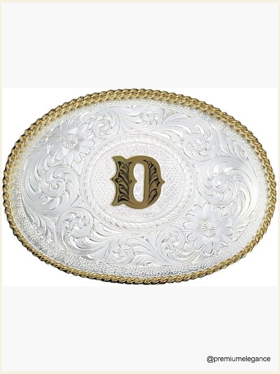 Western Belt Buckle Silver Gold Trim Engraved Initial Oval 1.5\